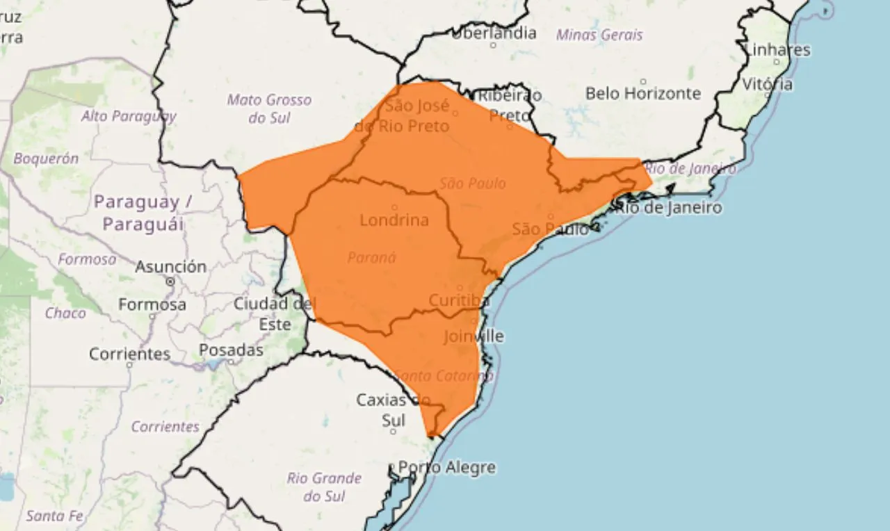 o mapa mostra as áreas em alerta para ventos intensos